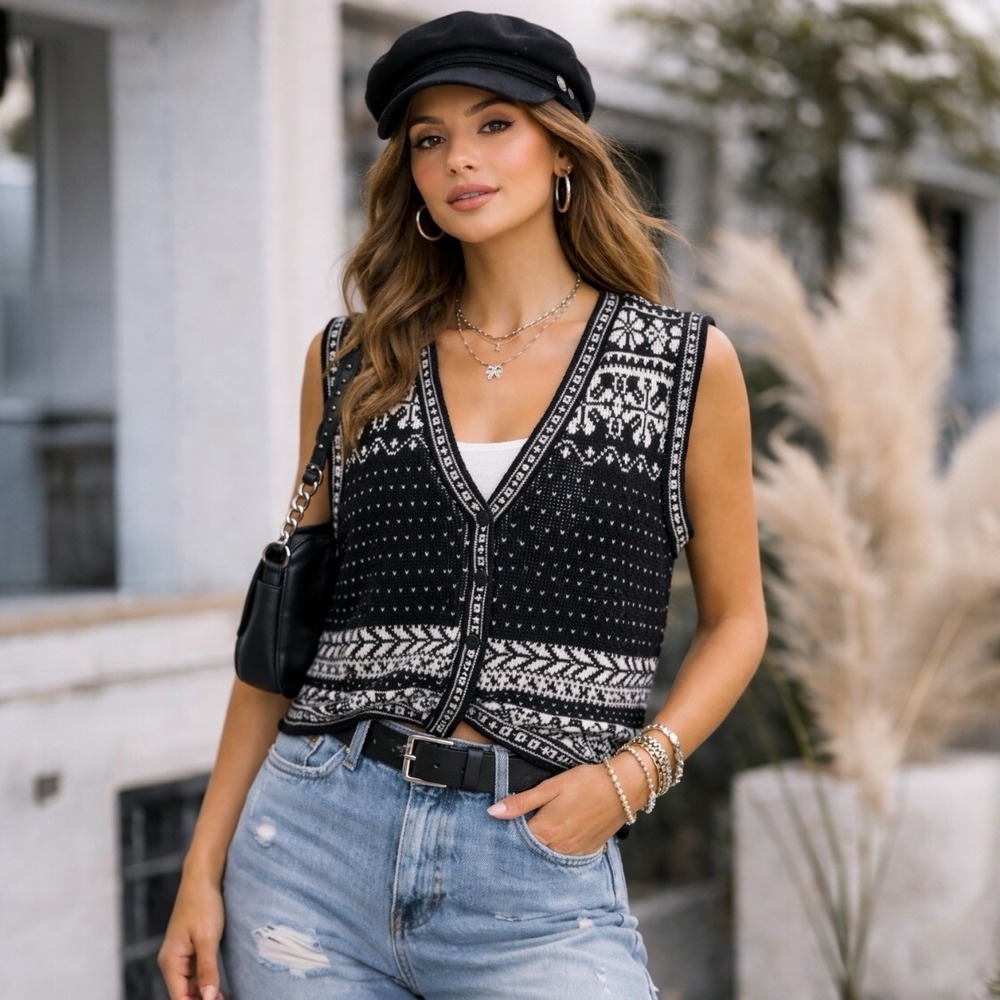 JK America Fair Isle Knit Sweater Vest Button Front Nordic‎ Vintage DO1